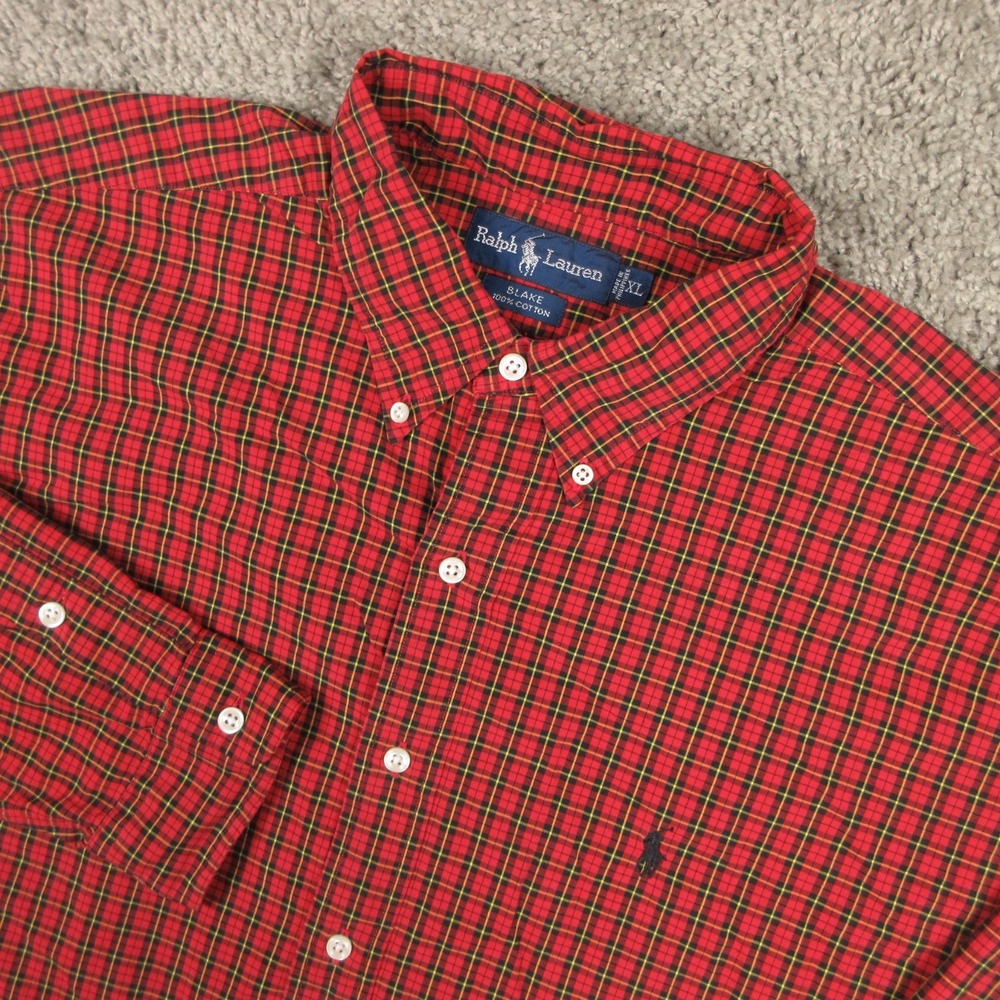 Polo Ralph Lauren Shirt Mens XL Red Plaid Blake Cotton Pony Logo Button Up EUC